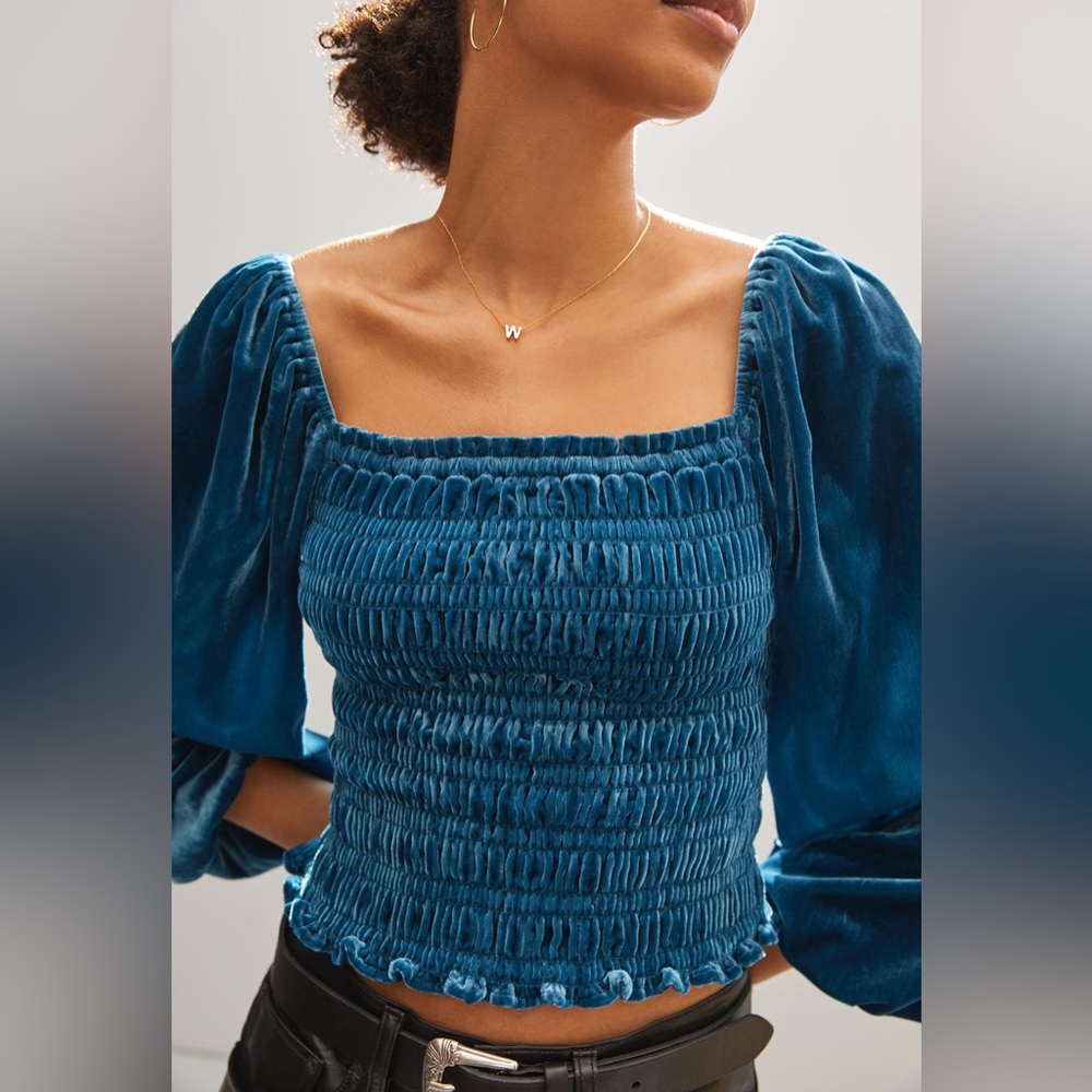 Anthropologie Teal Smocked Velvet Square-Neck Puff Sleeve Top